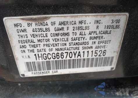 2000 Honda Accord 2.3 Ex z USA, uszkodzony, nr VIN 1HGCG6670YA111526